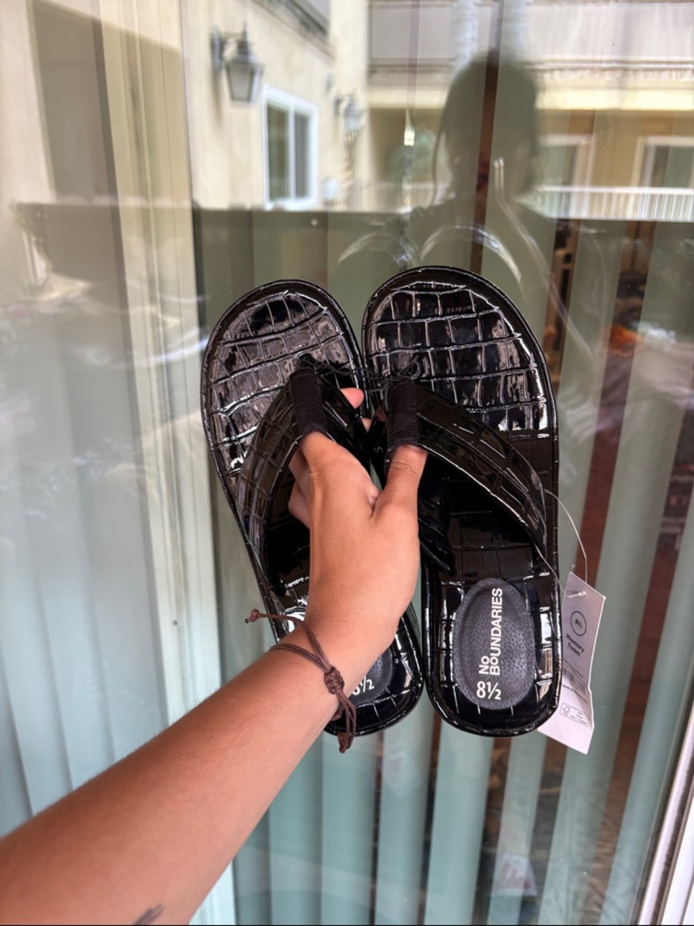 No Boundaries Black Patent Croc-Embossed Flip Sandals